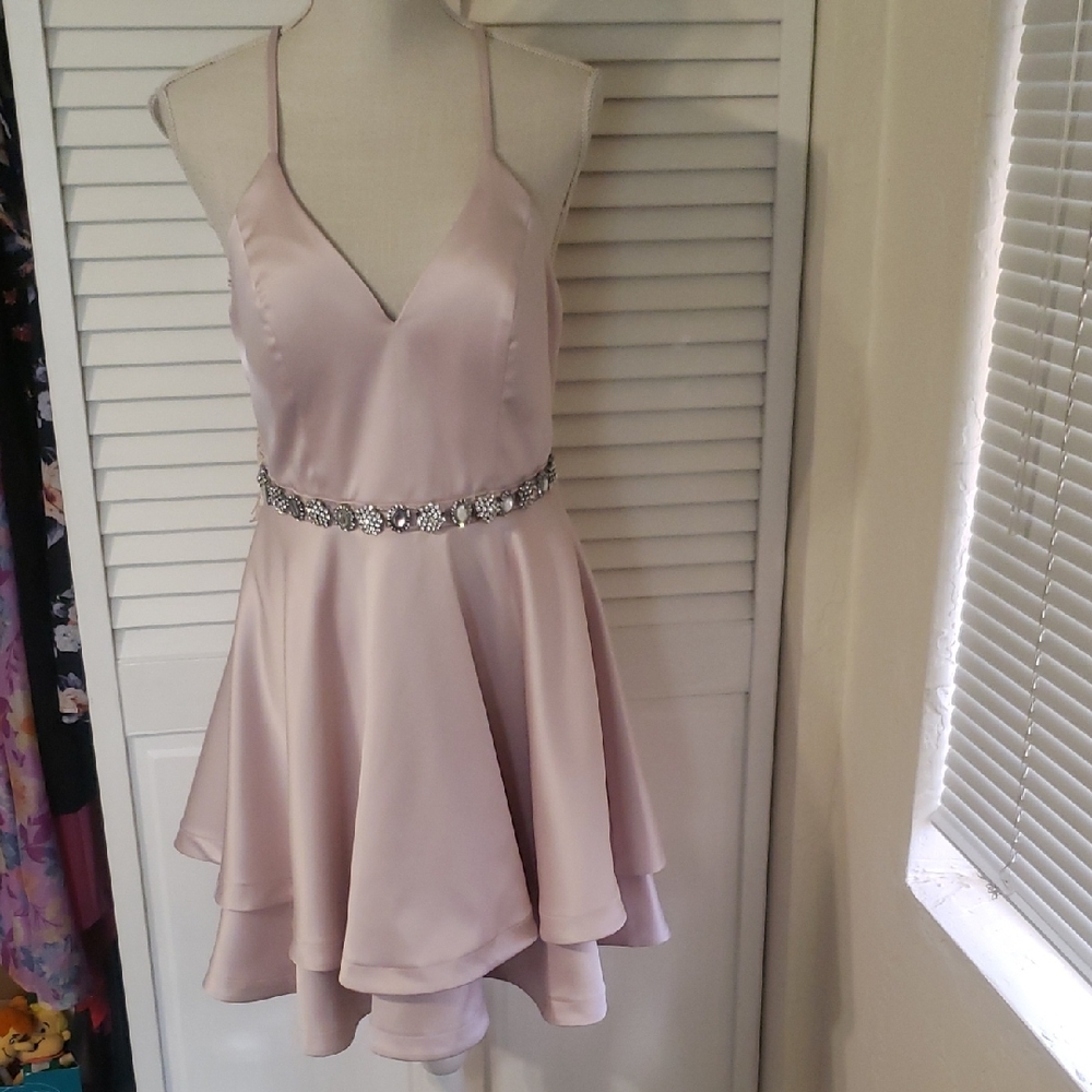 Sequin Hearts Light Pink Mini Dress with Embellished Waist